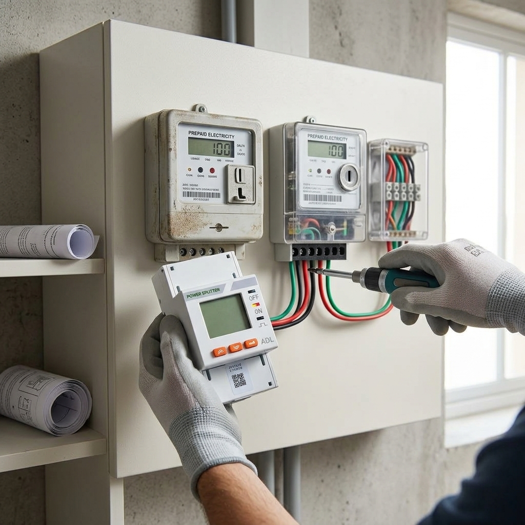 A well-lit photo of an electrician's hands installing/wiring a unit onto a wall panel